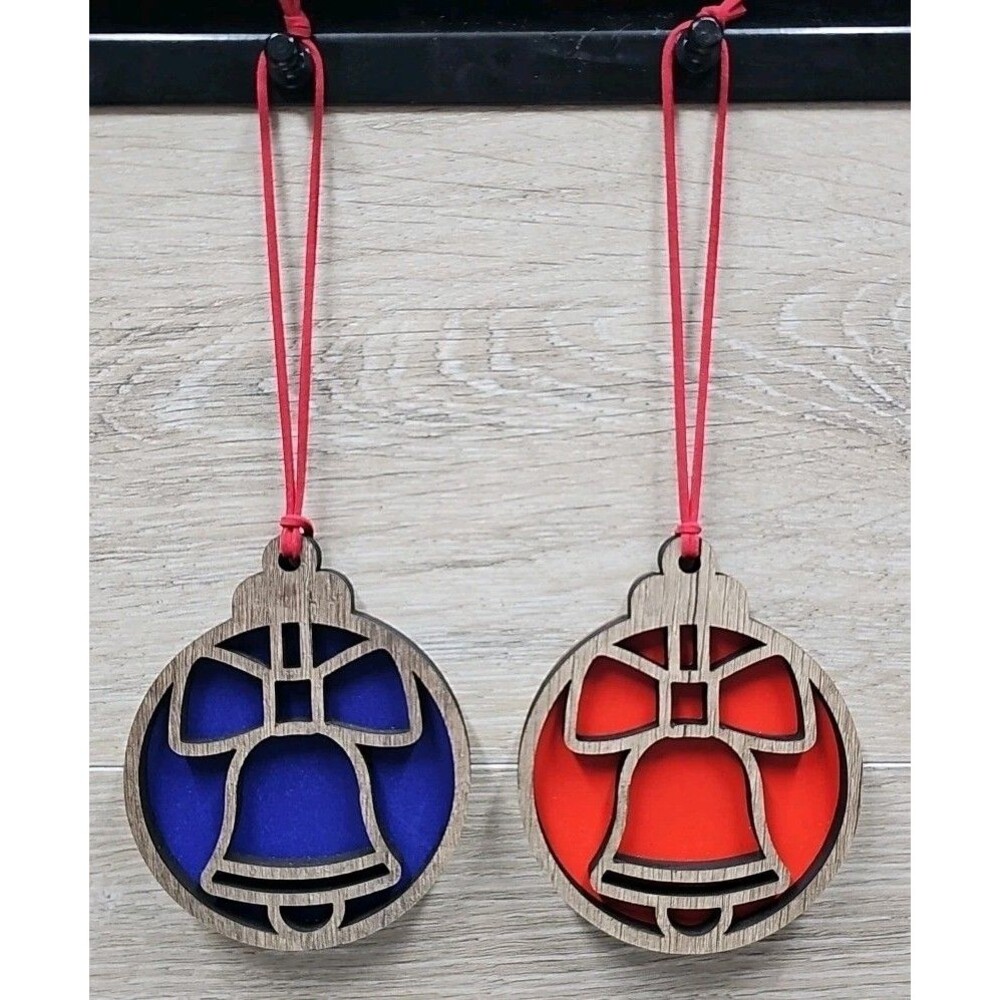 2 - Handmade 3.5" Wooden Christmas Ornament Laser Engraved & Hand Painted Bell